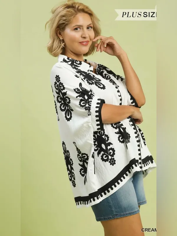New! Umgee Plus Size Cream Abstract Collar Button-Front Top Size 2X - Image 3