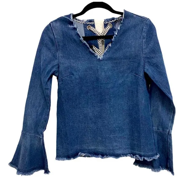 Womens Anthropologie Moelleux Raw Hem Denim Jean Back Lace Up Top - Sz XS - Image 2