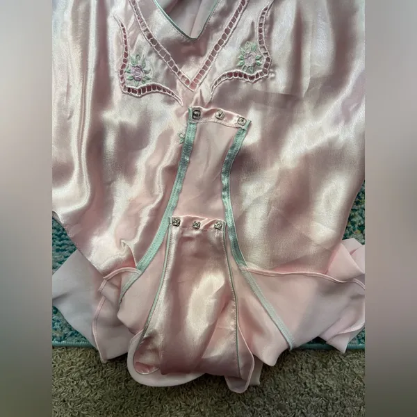 Vintage Val Mode pink chiffon trim satin bodysuit robe set, size medium - Image 16