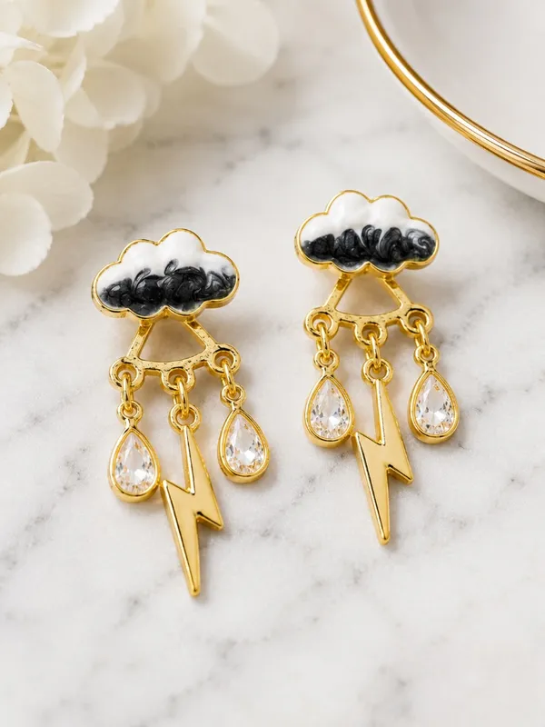 NEW Storm Cloud Lightning Dangle Post Earrings Gold White Black NWT - Image 2