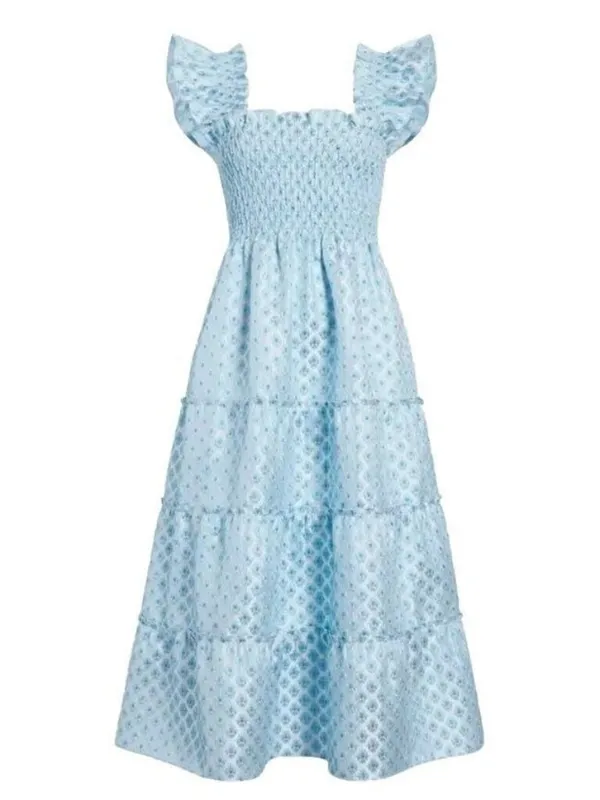 NWoT Hill House Ellie Nap Dress in Blue White Brocade Smocked Tiered Midi XS - Image 3