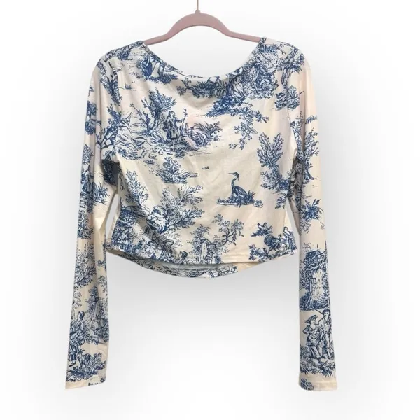 Cider Blue Toile Print Long Sleeve Crop Top – Size XL - NWT - Image 3