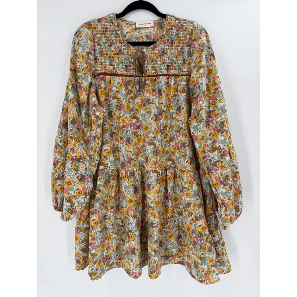 Goodnight Macaroon Mini Dress Women M Yellow Floral‎ Smocked Tiered Cottagecore - Image 3