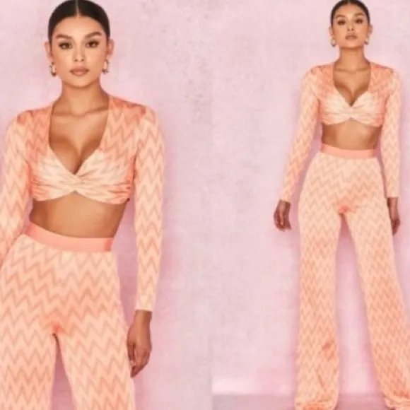 House of CB Bertille ZigZag Peach Long Sleeve Crop Top Small - Image 2