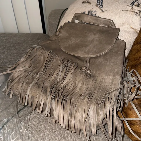Grey Fringe Vegan Leather Drawstring Convertible Backpack by Metro Muse USA - Image 5