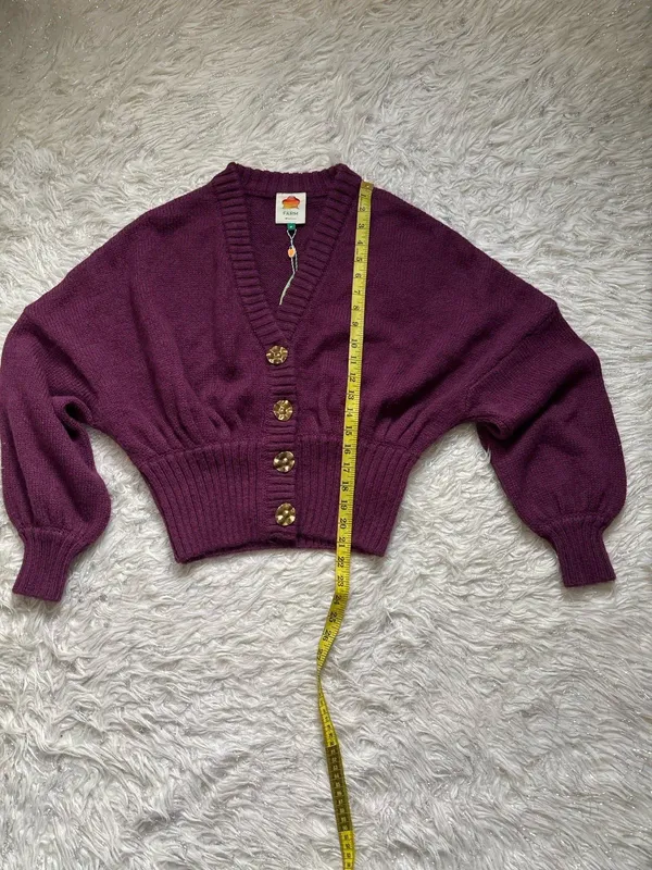 FARM Rio Burgundy Rib-Knit Button Front V-Neck Balloon Sleeve Women’s Cardigan M - Image 5
