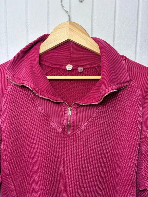 Free People Ashton Wine Half-Zip‎ Waffle Knit Pullover Size XL - Image 3