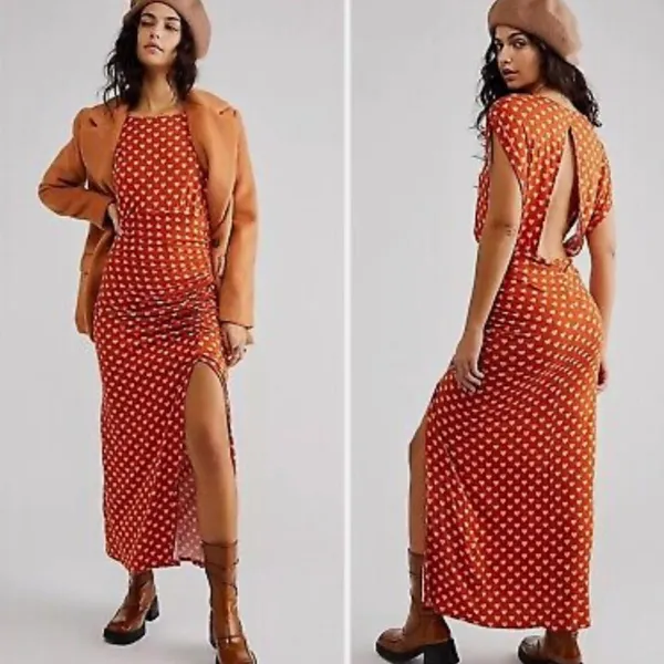 Free People Lakeside Heart Printed Midi Dress Orange Ginger Combo Sz M NWT - Image 2