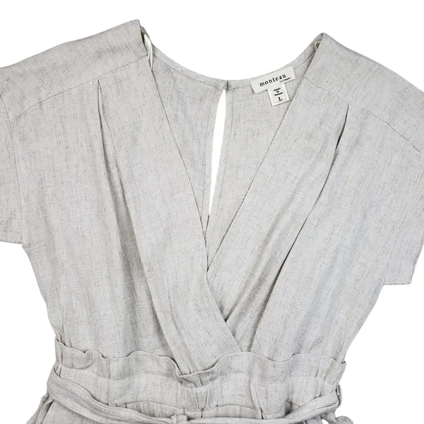 Monteau Jumpsuit Womens Large Beige Linen Wide Leg V-Neck Cropped Boho Overall - Image 12