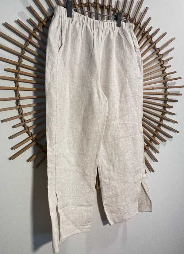 Grade & Gather Women’s Beige Linen Cropped Pants w Side Slit LNC Coastal Ltwght - Image 9