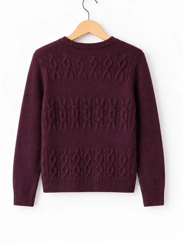 LOFT Burgundy Plum Crewneck Pullover Cable Knit Chunky Sweater Split Hem Medium - Image 5