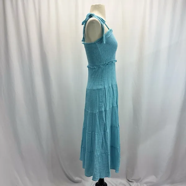 Altar’d State Floral Tiered Midi Sun Dress S Blue Green Tie Strap Smocked Bodice - Image 6