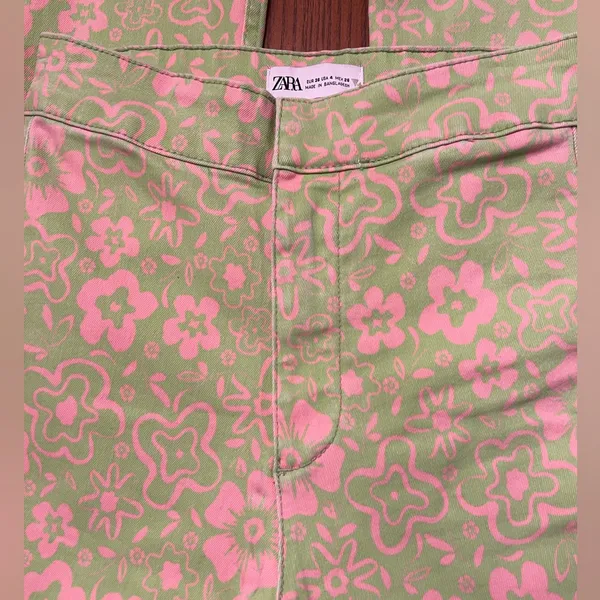 ZARA Green & Pink Floral Print Flare Cropped‎ Stretch Denim Jeans Y2k Size 4 - Image 7