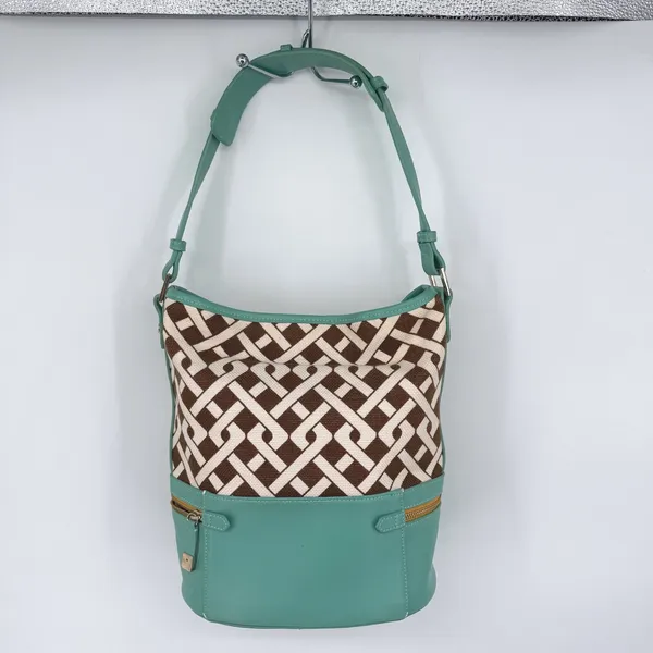 Spartina 449 Madison Stanley Bucket Bag Linen Liner Leather Teal Brown Geometric - Image 2