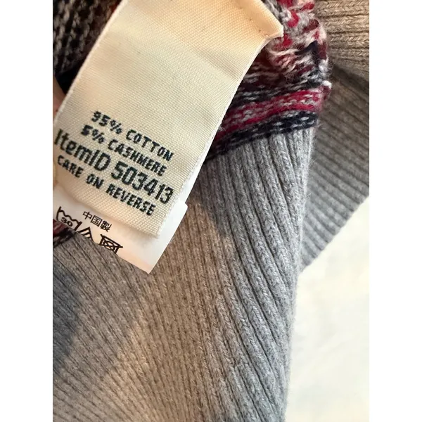 LL Bean Turtleneck Sweater Womens Medium Cotton Cashmere Fair Isle Stripe Grey - Image 3