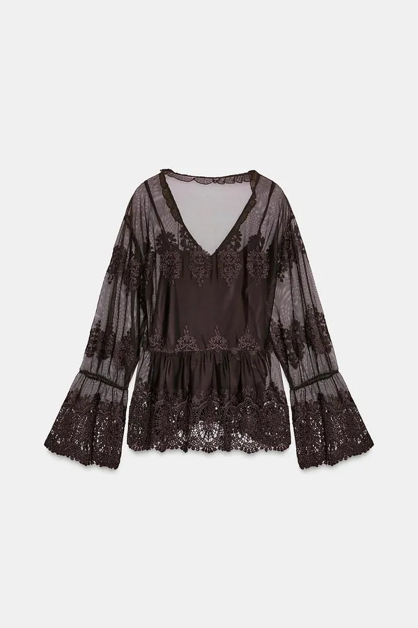 ZARA Sheer Brown Lace-Trim Peasant Bohemian Flared Sleeve Blouse Top - Image 8