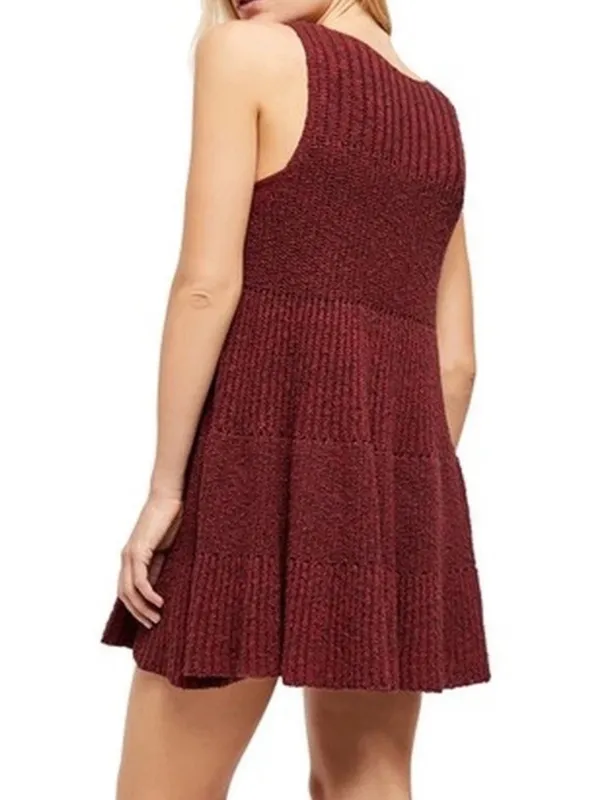 Free People Womens XS Waterfall Ruffle Knit Mini Sleeveless Dress Burgundy Combo - Image 2