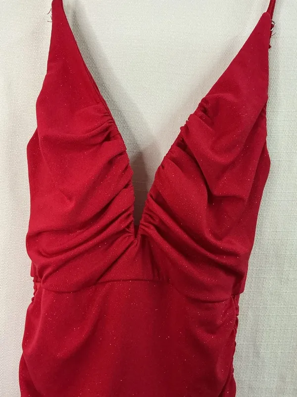 Red Glitter Ruched Bodycon Mini Dress - Image 4