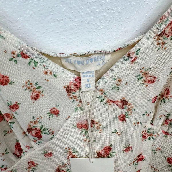 See You Monday Mini Slip Dress Womens XL Ivory Pink Floral Rose Tie Straps - Image 3