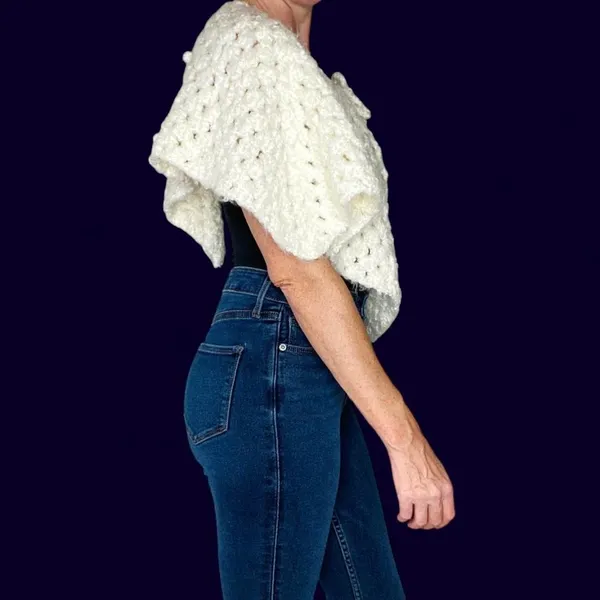 Vintage Handmade Women/Kids Cream White Crochet Poncho Shawl - Image 6