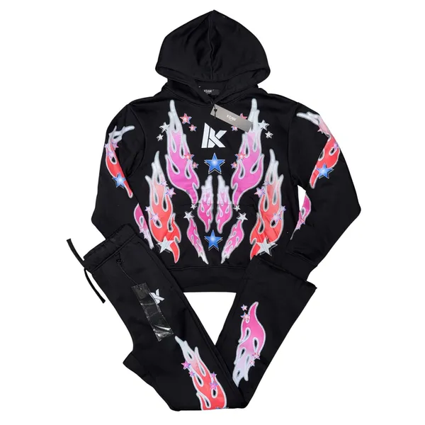KDNK Flame Star Unusual Sweatsuit Y2K Hoodie Flare Sweatpants Matching Set - Image 2