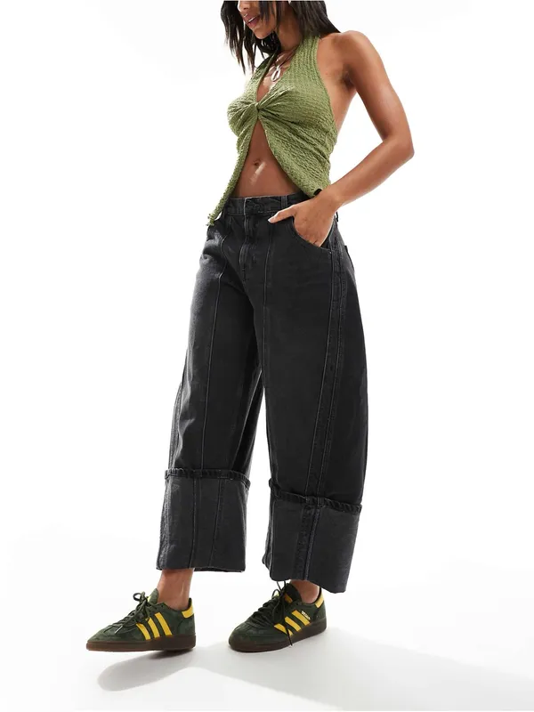 Free People Olsen Cuffed Barrel Jeans Black 28 Baggy Streetwear High Rise Grunge - Image 2