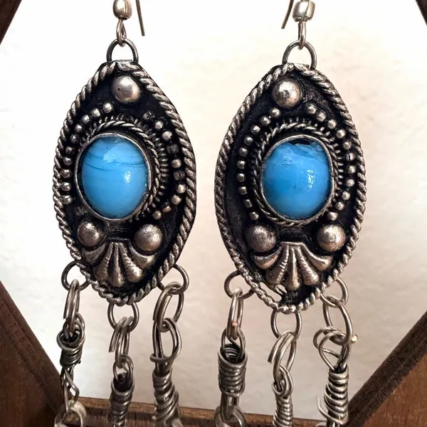 Vintage Tibetan Style Faux Turquoise Dangle Earrings Silver Tone Boho Festival E - Image 7