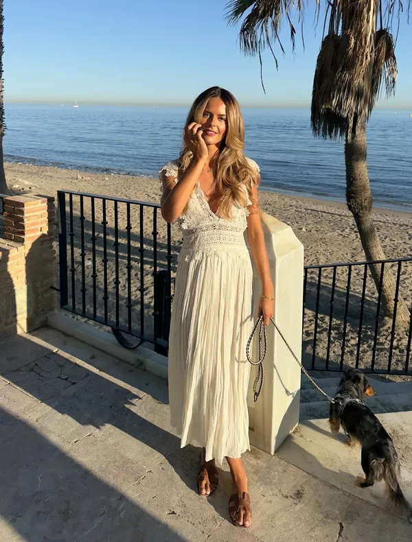Zara Elegant Lace Trim Dress beads cream boho hippie summer beach - Image 3