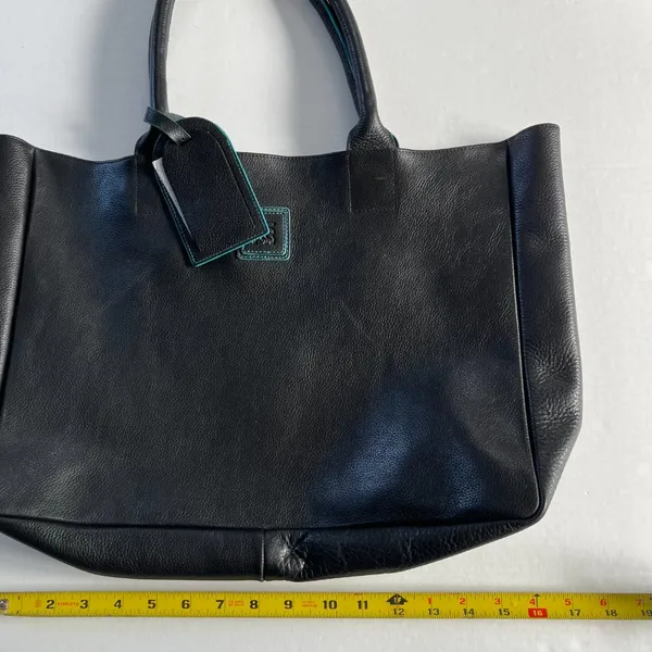 Black Deertan Cowhide Leather Tote Bag Teal Trim Classic Minimalist Purse‎ - Image 9