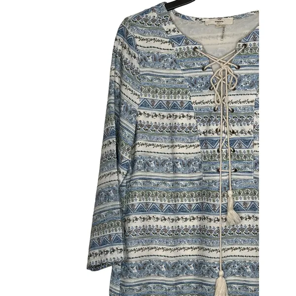 Entro Women's Shift Dress Tunic Floral Tasseled Tie‎ Long Sleeve Lace Up Small - Image 3