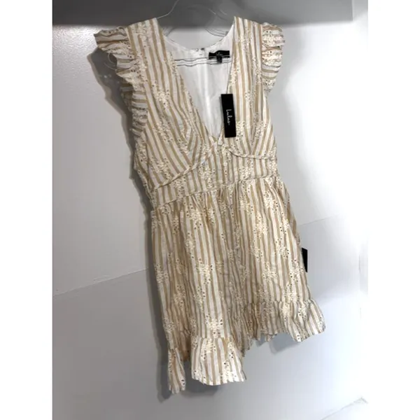 Lulus Sunny Crush NWT M Beige Ivory Striped Embroidered Ruffle Mini Dress Boho - Image 4