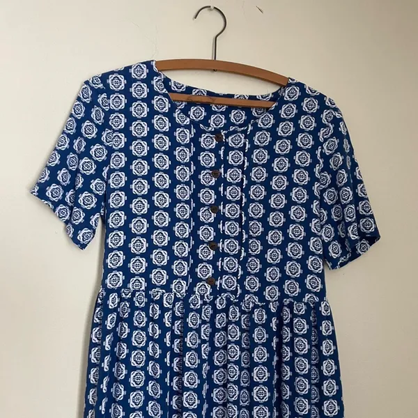 Vintage 90s Royal Blue Geometric Print Midi Button Short Sleeve Rayon Dress - Image 2