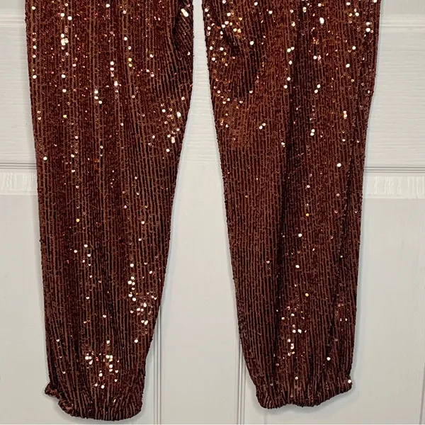 Free People Morelia Bronze Sequin Jogger Pants Sz M Shiny Sparkly Party Festival - Image 12