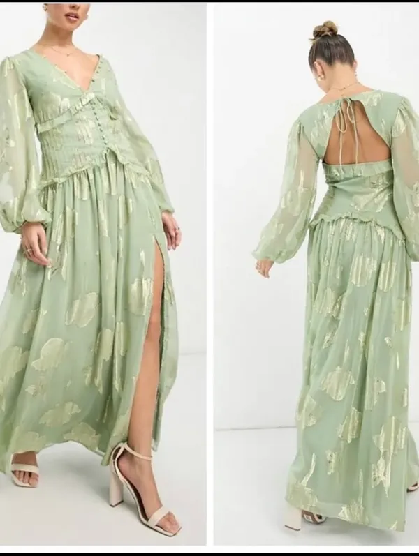ASOS Foil Floral Long Sleeve Maxi Dress Design Green Mint 0 - Image 5