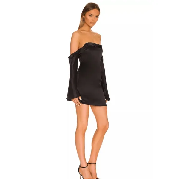 CAMILA COELHO Charlie Black Satin Off Shoulder Mini Dress Size XXS - Image 3