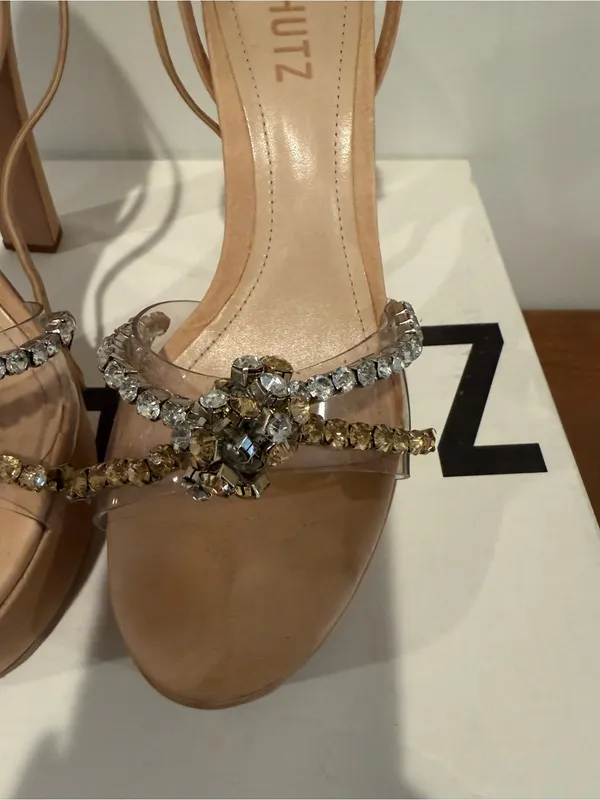 SCHUTZ Nude Crystal-Strap Open-Toe Heels - Image 3