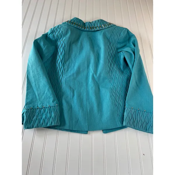 Odeliah Denim Teal Blue Smocked Studded Skirt & Jacket Set Size 16 Vintage Style - Image 12