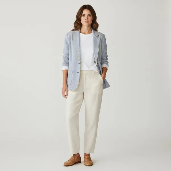 Chico's Seersucker Striped gray white yellow Yachtie Blazer coastal classic - Image 6