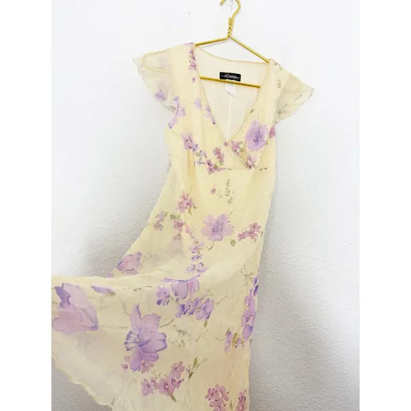 Vintage 90s City Triangles Butter Yellow Floral Midi Dress Fairy Coquette Y2K - Image 9