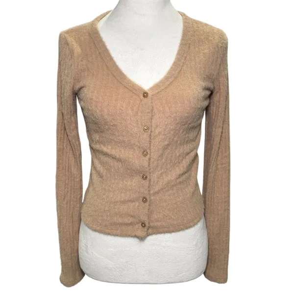 Hollister Camel Brown Fuzzy Soft Cardigan Sweater Small Cozy‎ Soft - Image 2