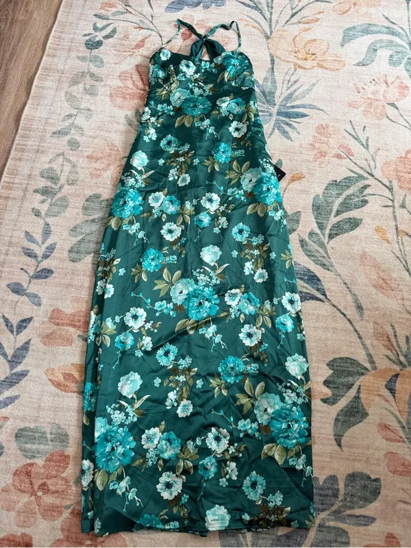 Lulu's Wondrous Allure Green Floral Satin Backless Maxi Dress - Image 4