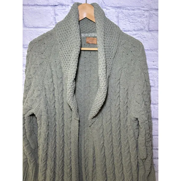 POL Open Cardigan L Duster Sweater Fisherman Chunky Knit Comfy green - Image 10