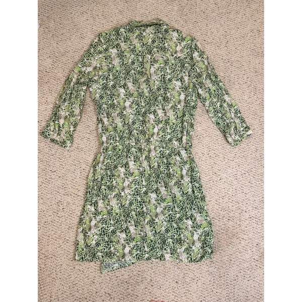 Boho Botanical Green Leaf Shirt Dress CAbi Long Sleeve Collared Faux Wrap S - Image 5