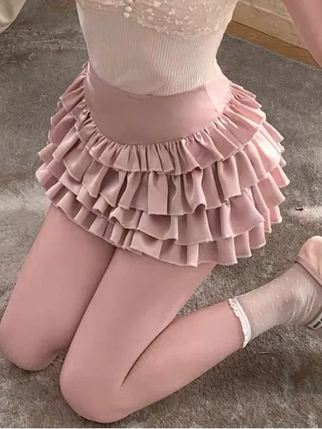 Japanese Kawaii Y2K Cottagecore Silky Dusty Pink Layered Ruffle Mini Skirt Skort - Image 4