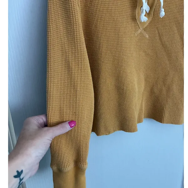 Abercrombie & Fitch XS Mustard Yellow Waffle Knit Lace‎ Up Thermal Top Henley - Image 4