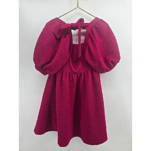 Free People Dress Womens S Ari Mini Magenta Pink Textured Puff Sleeve EUC - Image 2