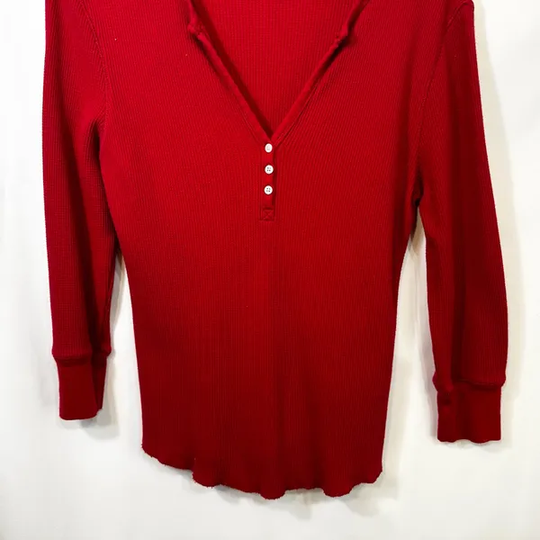 VTG Polo‎ Ralph Lauren Medium Henley Top Red Waffle Knit Thermal Y2K Preppy 1501 - Image 4