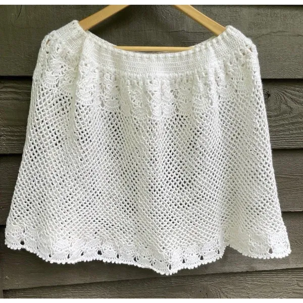 Vintage Handmade Crochet Lace Skirt Cover Up White Boho Festival Drawstring M - Image 3