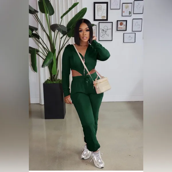 Source Unknown Womens Two Piece Outfits Tracksuit Green Size Small Sweatsuit Cropped Zip Up - Image 3