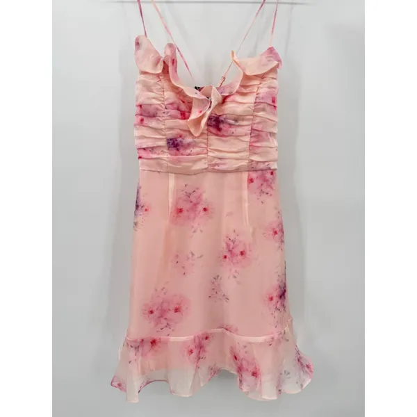 Lulu’s Pink Floral Fairy Ruffle Mini Party Dress Ruched Bodice Medium NEW - Image 7
